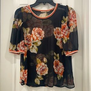 A New Day Large black blouse with red orange florals size Large